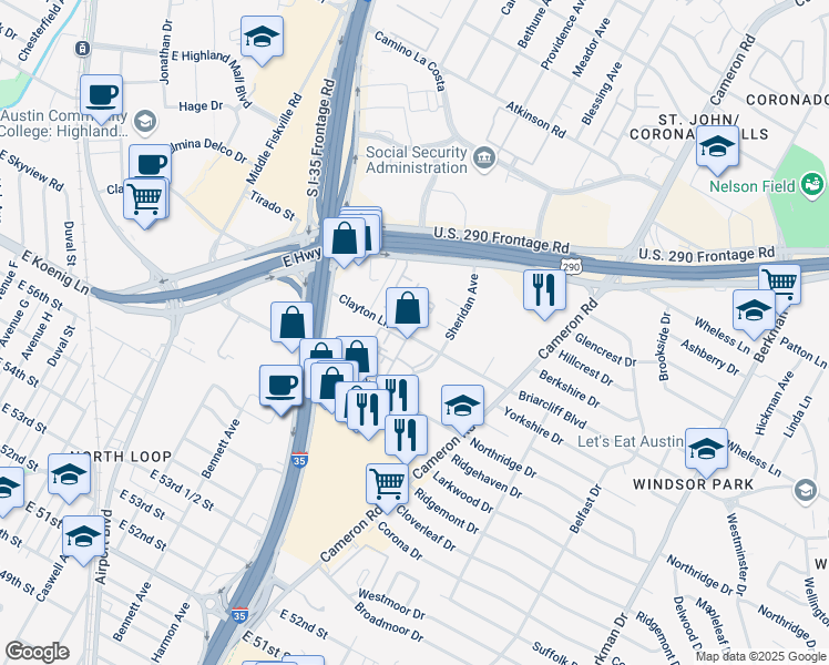 map of restaurants, bars, coffee shops, grocery stores, and more near 1026 Clayton Lane in Austin