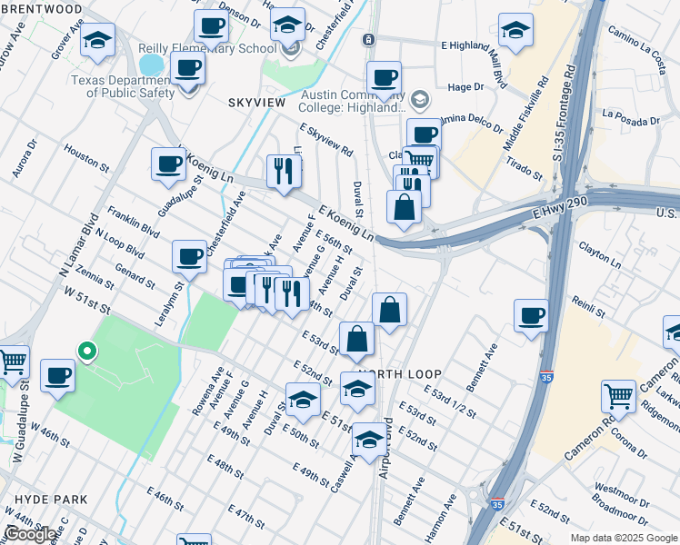 map of restaurants, bars, coffee shops, grocery stores, and more near 5509 Avenue H in Austin