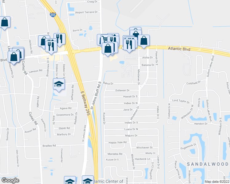 map of restaurants, bars, coffee shops, grocery stores, and more near 10762 Dulawan Drive in Jacksonville