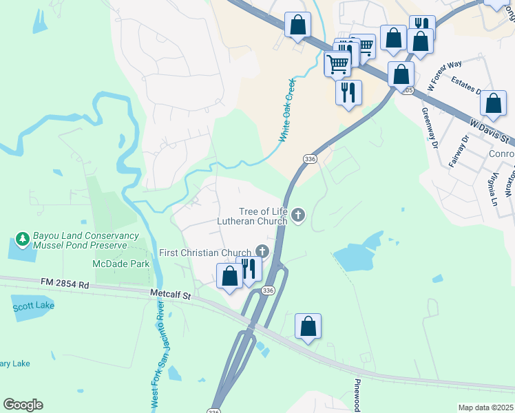 map of restaurants, bars, coffee shops, grocery stores, and more near 3300 North Loop 336 West in Conroe