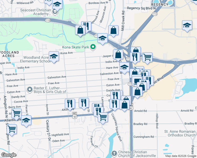 map of restaurants, bars, coffee shops, grocery stores, and more near 8834 Galveston Avenue in Jacksonville