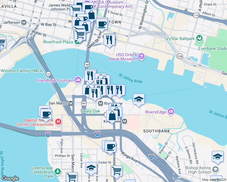map of restaurants, bars, coffee shops, grocery stores, and more near 2843 Stonemont Street in Jacksonville