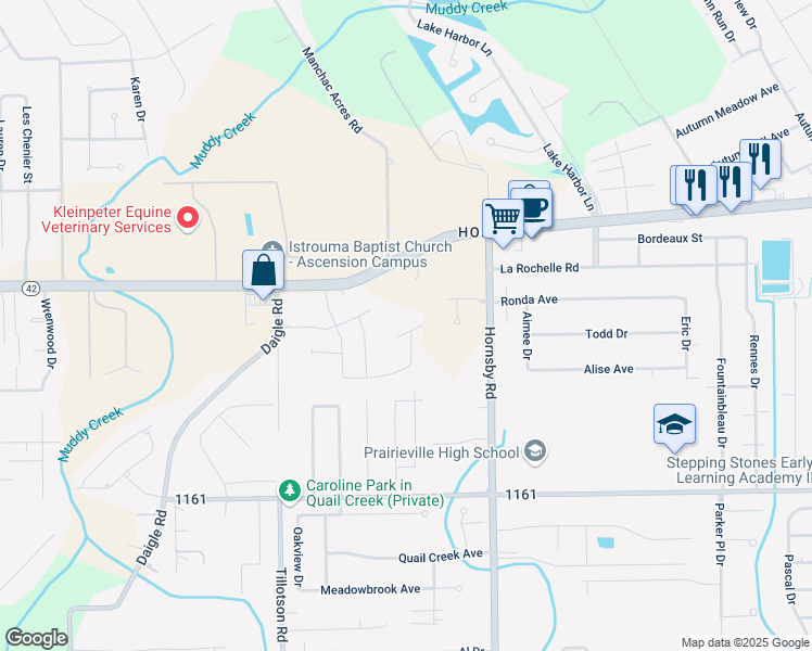 map of restaurants, bars, coffee shops, grocery stores, and more near 39437 Louisiana 42 in Prairieville