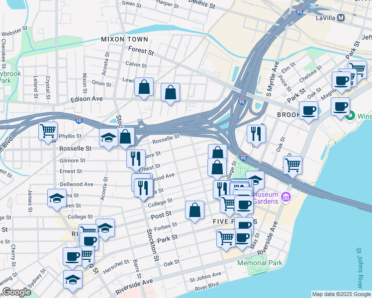 map of restaurants, bars, coffee shops, grocery stores, and more near 2122 Gilmore Street in Jacksonville