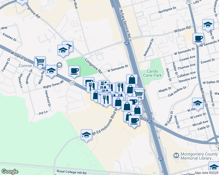 map of restaurants, bars, coffee shops, grocery stores, and more near 463 Longmire Road in Conroe