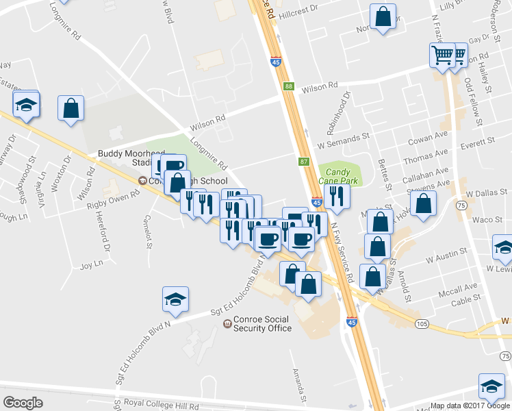 map of restaurants, bars, coffee shops, grocery stores, and more near 453 Longmire Road in Conroe