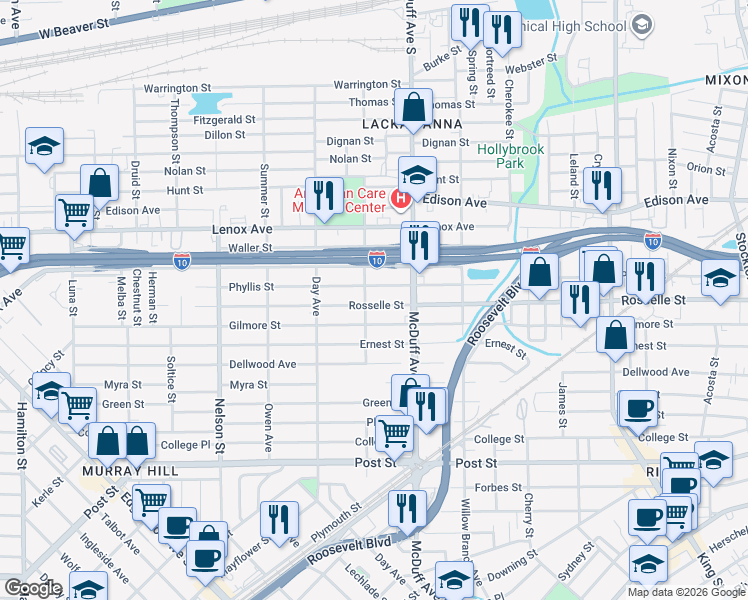 map of restaurants, bars, coffee shops, grocery stores, and more near 3028 Phyllis Street in Jacksonville