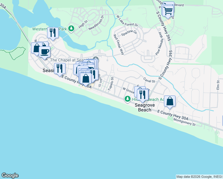 map of restaurants, bars, coffee shops, grocery stores, and more near 47A Tupelo Street in Santa Rosa Beach