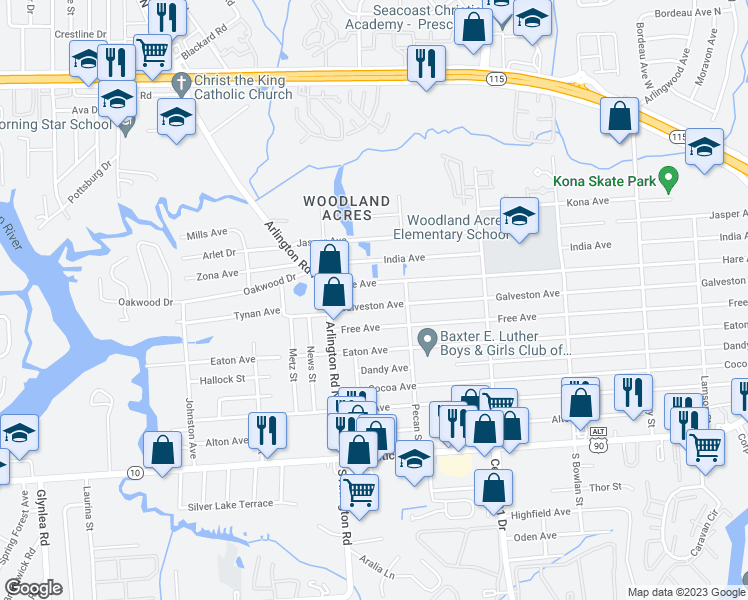 map of restaurants, bars, coffee shops, grocery stores, and more near 7637 Galveston Avenue in Jacksonville