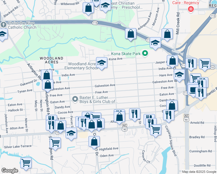map of restaurants, bars, coffee shops, grocery stores, and more near 8326 Galveston Avenue in Jacksonville
