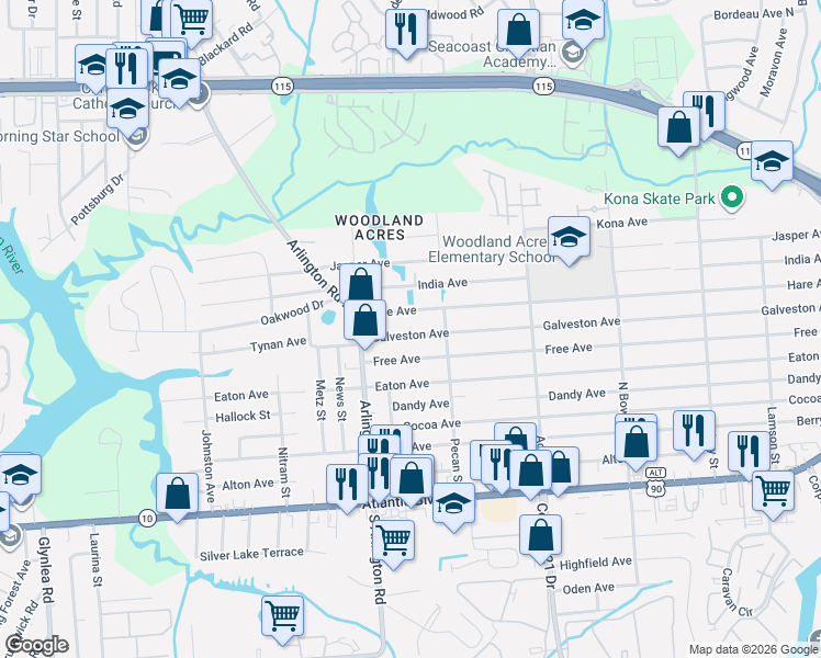 map of restaurants, bars, coffee shops, grocery stores, and more near 7645 Galveston Avenue in Jacksonville