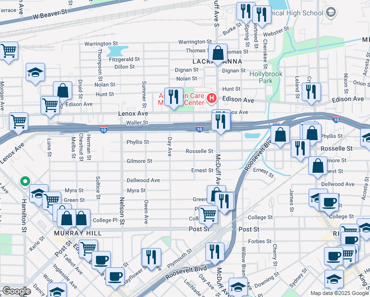 map of restaurants, bars, coffee shops, grocery stores, and more near 3112 Phyllis Street in Jacksonville