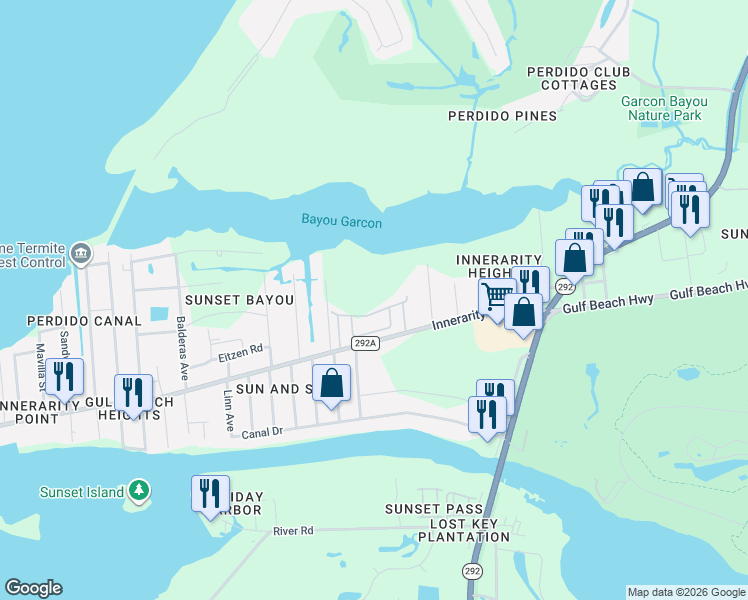 map of restaurants, bars, coffee shops, grocery stores, and more near 5435 Japonica Avenue in Pensacola