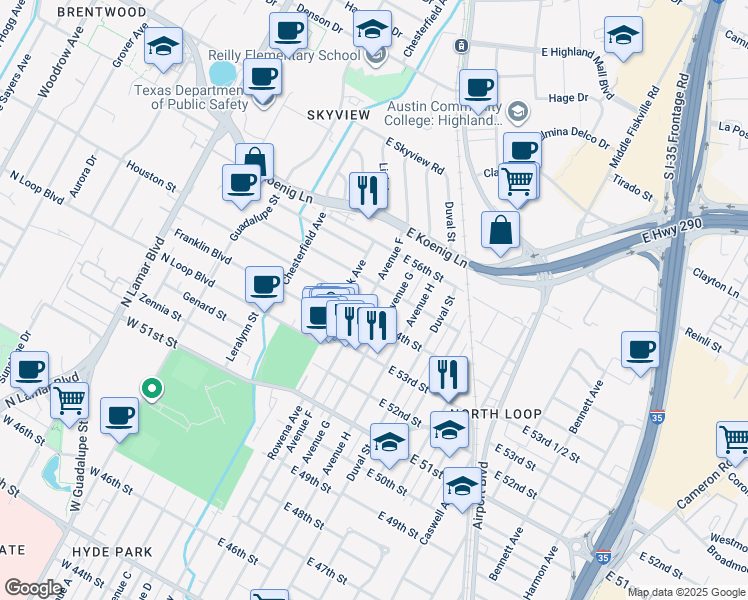 map of restaurants, bars, coffee shops, grocery stores, and more near 5406 Avenue F in Austin