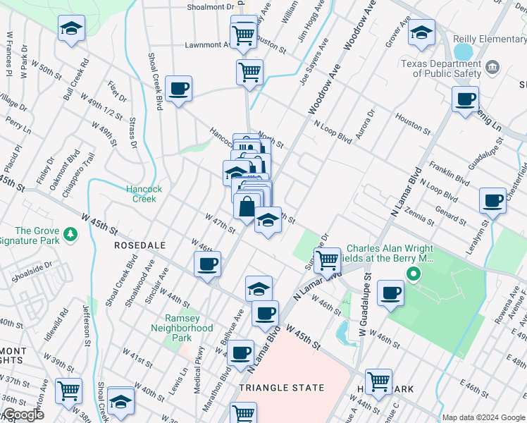 map of restaurants, bars, coffee shops, grocery stores, and more near 4811 Burnet Road in Austin