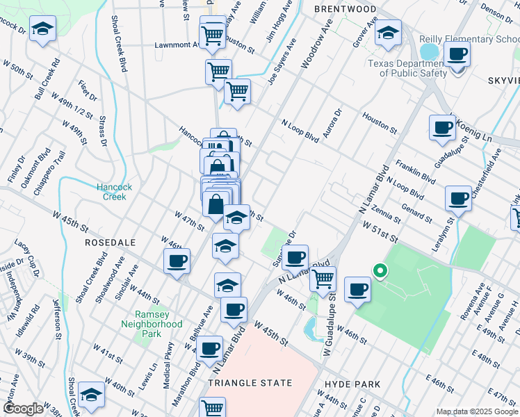 map of restaurants, bars, coffee shops, grocery stores, and more near 1201 West 49th 1/2 Street in Austin