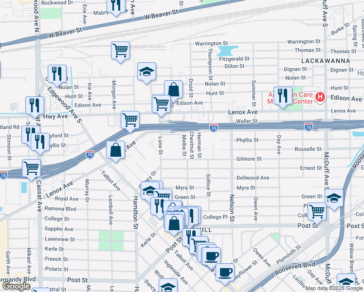 map of restaurants, bars, coffee shops, grocery stores, and more near 642 Melba Street in Jacksonville