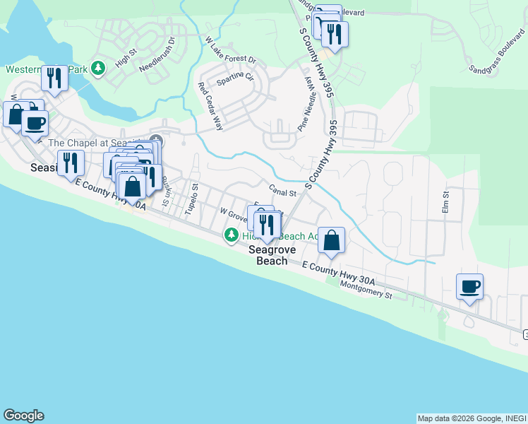 map of restaurants, bars, coffee shops, grocery stores, and more near 146 Live Oak Street in Santa Rosa Beach