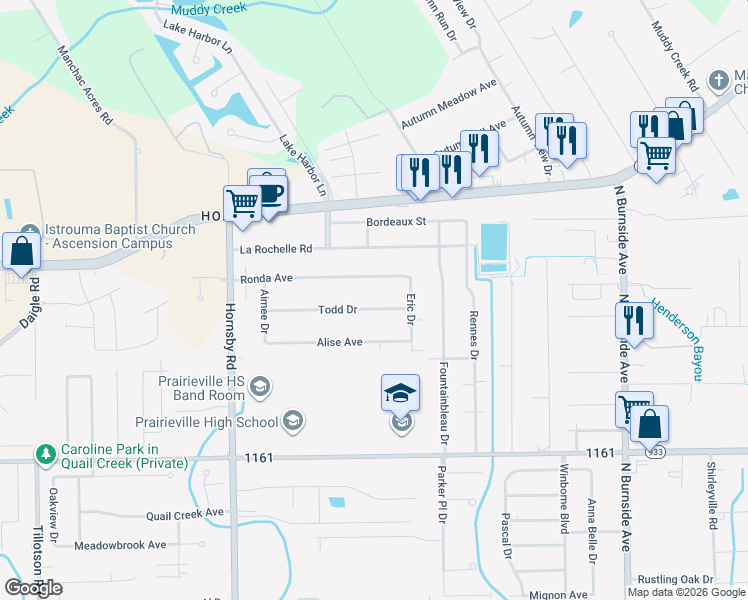map of restaurants, bars, coffee shops, grocery stores, and more near 40200 Todd Drive in Prairieville