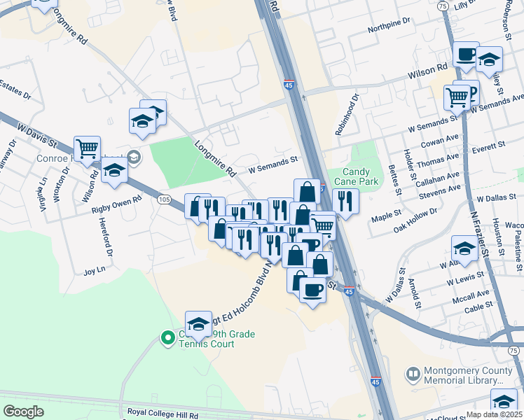 map of restaurants, bars, coffee shops, grocery stores, and more near 455 Longmire Road in Conroe