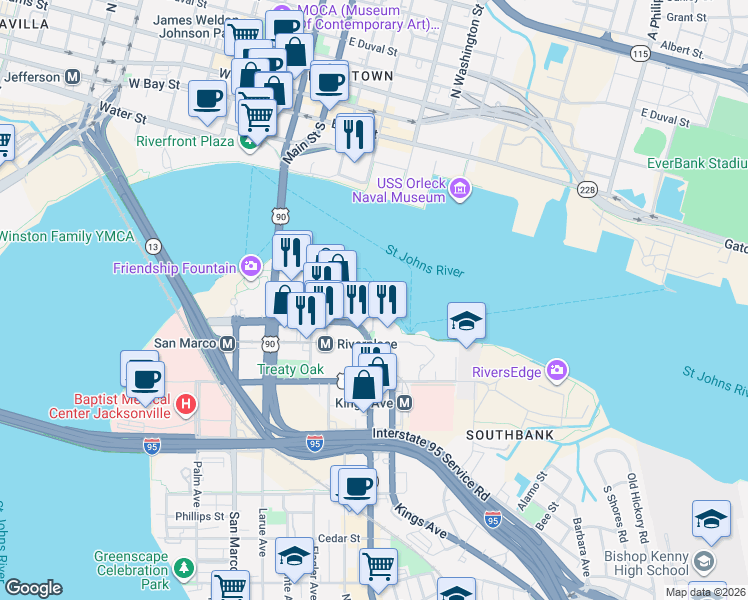 map of restaurants, bars, coffee shops, grocery stores, and more near 1431 Riverplace Boulevard in Jacksonville