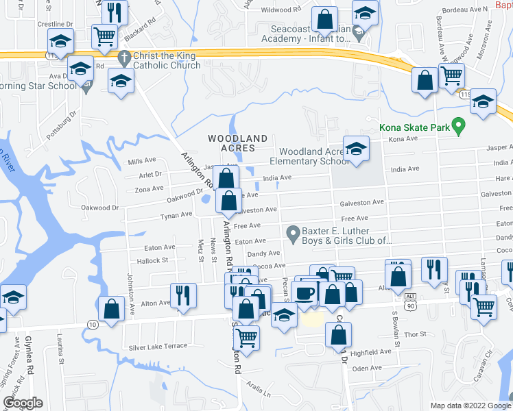 map of restaurants, bars, coffee shops, grocery stores, and more near 7645 Galveston Avenue in Jacksonville