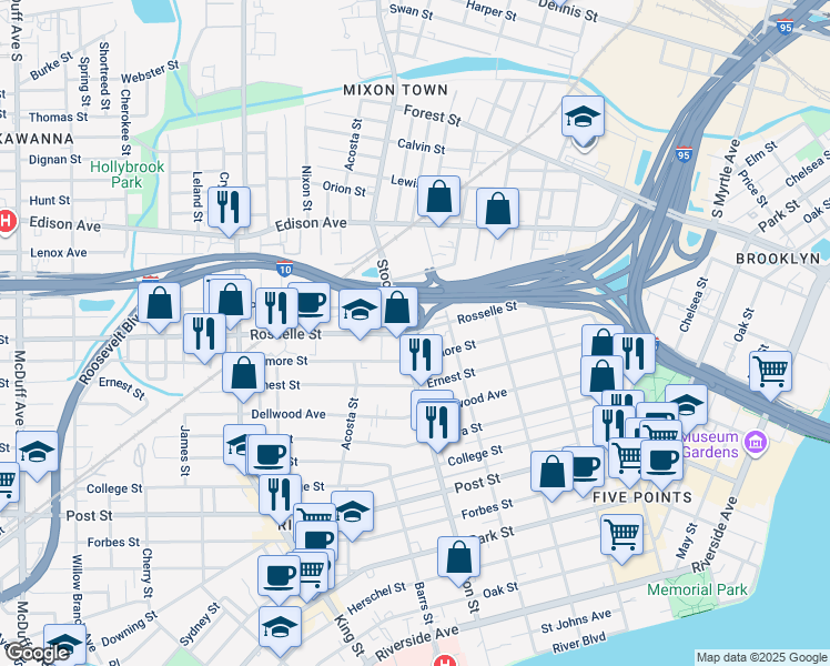 map of restaurants, bars, coffee shops, grocery stores, and more near 2342 Rosselle Street in Jacksonville