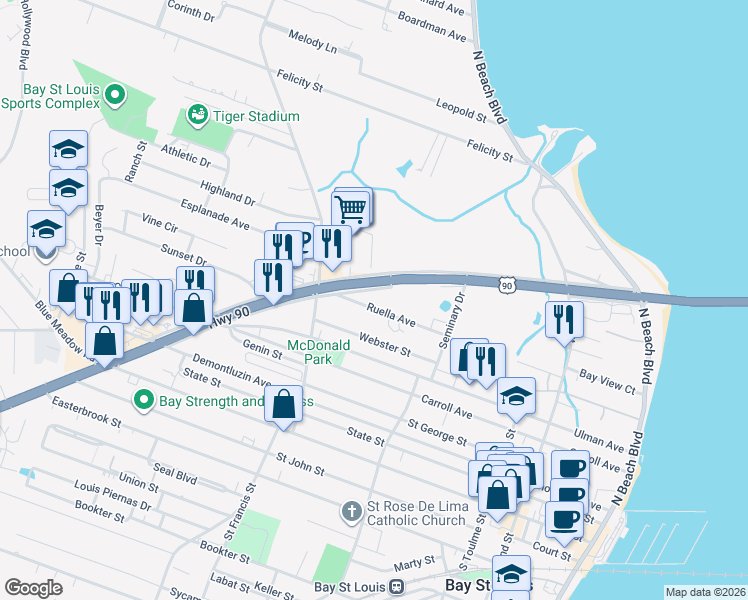 map of restaurants, bars, coffee shops, grocery stores, and more near 9 Ruella Avenue in Bay St. Louis