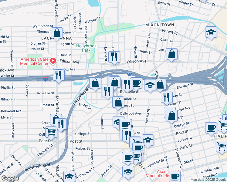 map of restaurants, bars, coffee shops, grocery stores, and more near 2703 Rosselle Street in Jacksonville