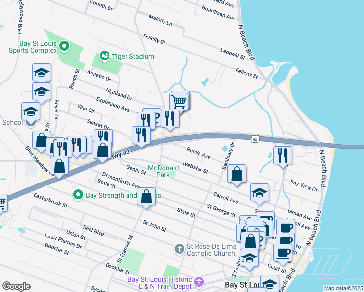 map of restaurants, bars, coffee shops, grocery stores, and more near 9 Ruella Avenue in Bay St. Louis