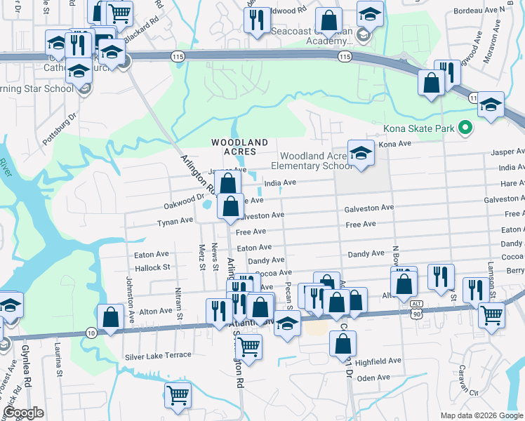 map of restaurants, bars, coffee shops, grocery stores, and more near 7645 Galveston Avenue in Jacksonville