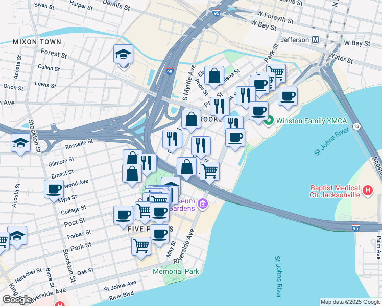 map of restaurants, bars, coffee shops, grocery stores, and more near 812 Rosselle Street in Jacksonville