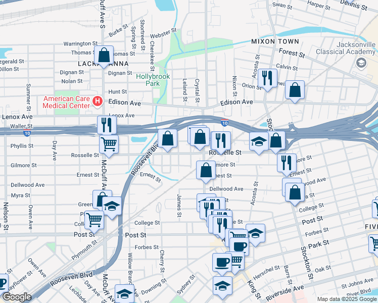 map of restaurants, bars, coffee shops, grocery stores, and more near 2703 Rosselle Street in Jacksonville