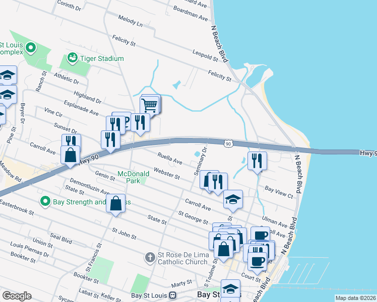 map of restaurants, bars, coffee shops, grocery stores, and more near 252 Hwy 90 in Bay St Louis