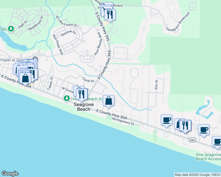 map of restaurants, bars, coffee shops, grocery stores, and more near 125 Suzanne Drive in Santa Rosa Beach