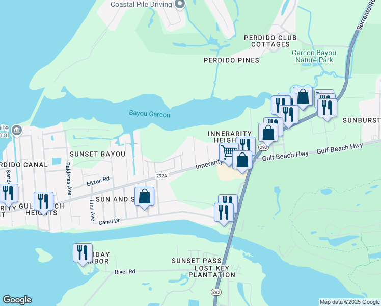 map of restaurants, bars, coffee shops, grocery stores, and more near 5500 Custer Drive in Pensacola
