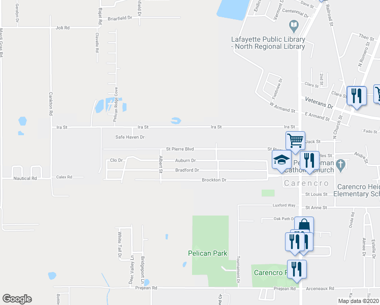 map of restaurants, bars, coffee shops, grocery stores, and more near 313 Saint Pierre Boulevard in Carencro