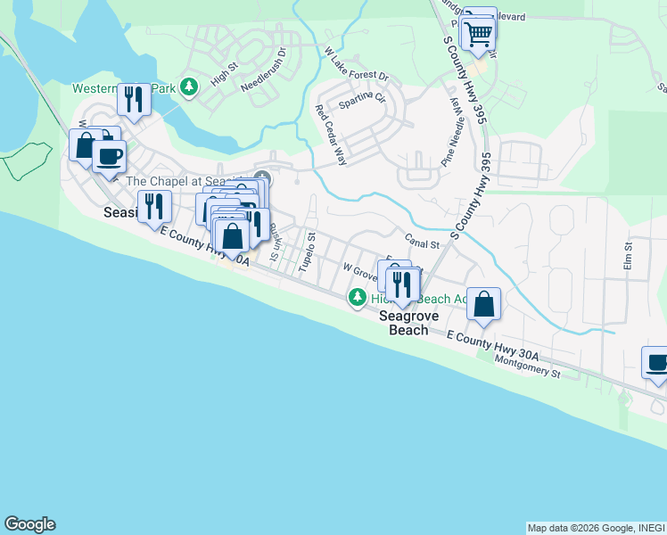map of restaurants, bars, coffee shops, grocery stores, and more near 271 West Grove Avenue in Santa Rosa Beach