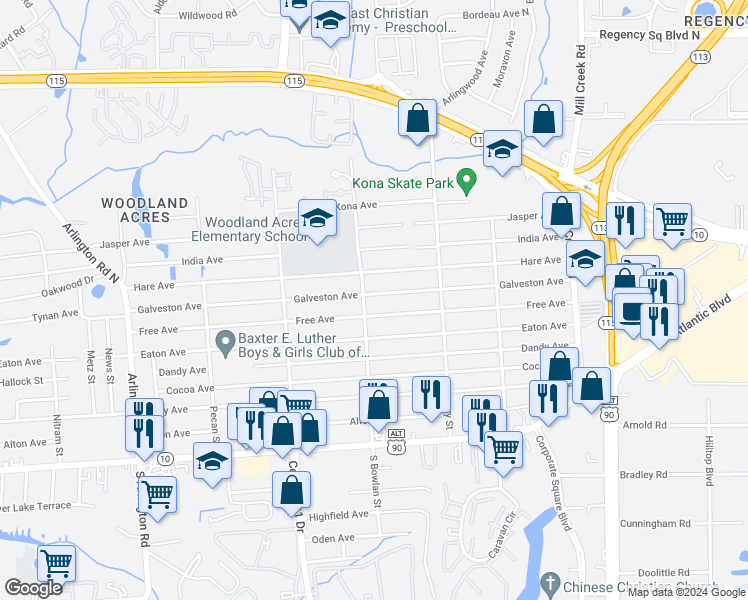 map of restaurants, bars, coffee shops, grocery stores, and more near 8416 Galveston Avenue in Jacksonville