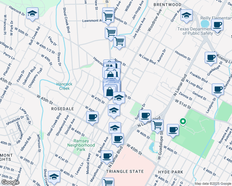 map of restaurants, bars, coffee shops, grocery stores, and more near 4811 Woodrow Avenue in Austin