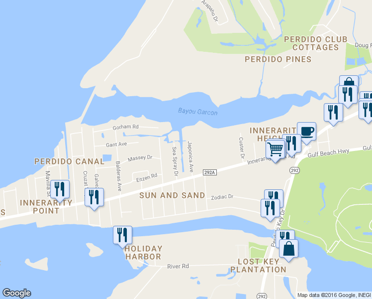 map of restaurants, bars, coffee shops, grocery stores, and more near 5435 Japonica Avenue in Pensacola