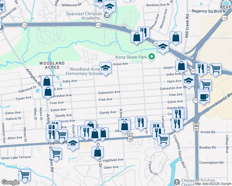 map of restaurants, bars, coffee shops, grocery stores, and more near 8326 Galveston Avenue in Jacksonville