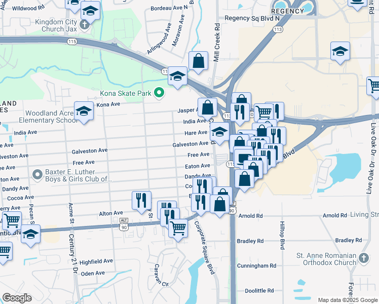 map of restaurants, bars, coffee shops, grocery stores, and more near 9051 Free Avenue in Jacksonville