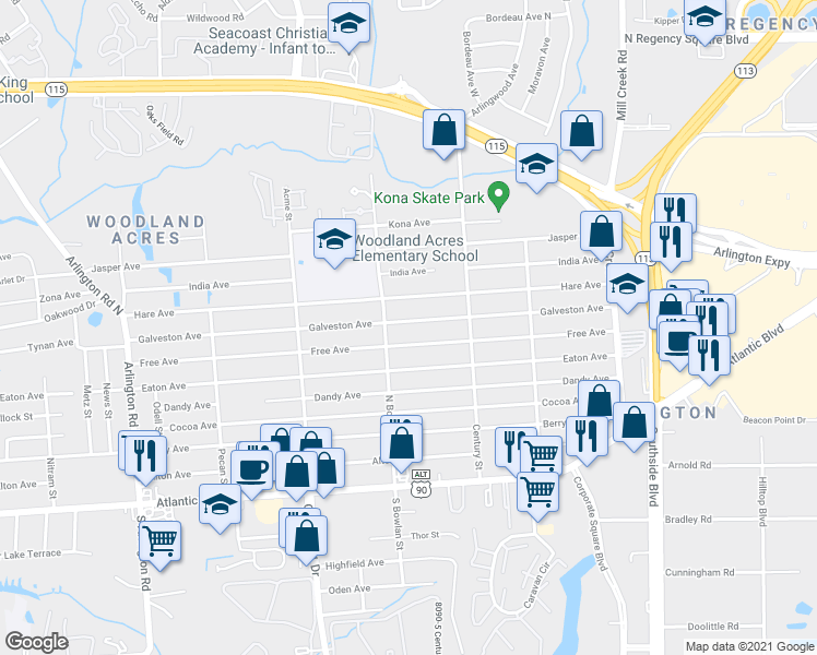 map of restaurants, bars, coffee shops, grocery stores, and more near 8442 Galveston Avenue in Jacksonville