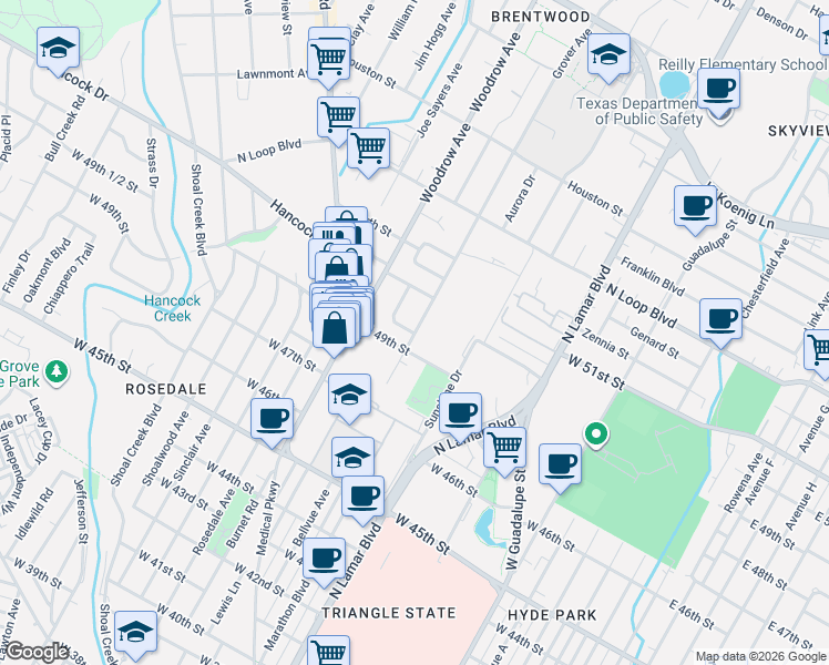 map of restaurants, bars, coffee shops, grocery stores, and more near Grover Ave & W 49th 1/2 St in Austin