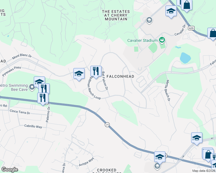 map of restaurants, bars, coffee shops, grocery stores, and more near 4517 Bat Falcon Drive in Austin