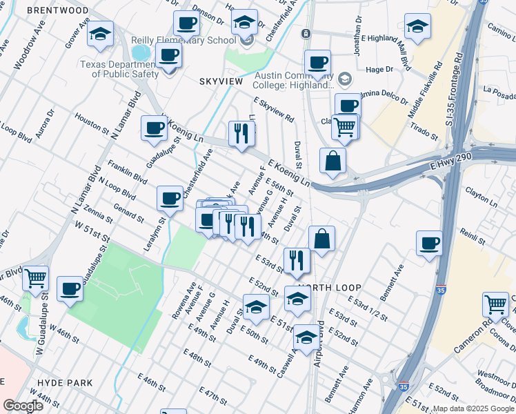 map of restaurants, bars, coffee shops, grocery stores, and more near 5414 Avenue G in Austin