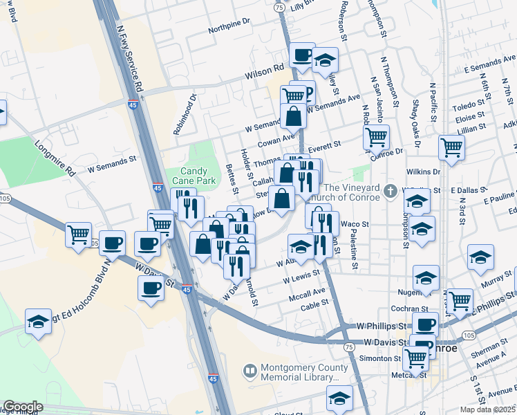 map of restaurants, bars, coffee shops, grocery stores, and more near 120 Oak Hollow Street in Conroe
