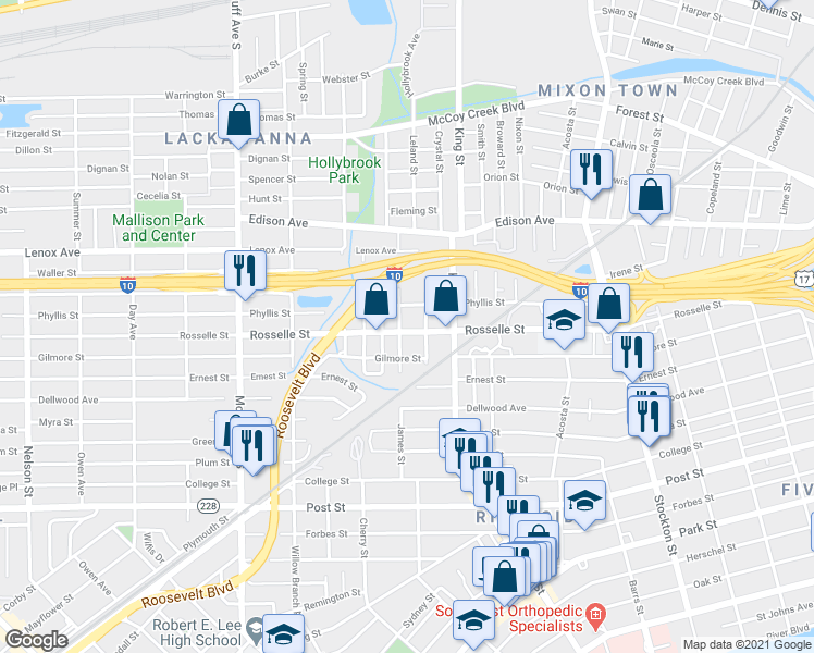 map of restaurants, bars, coffee shops, grocery stores, and more near 2753 Rosselle Street in Jacksonville
