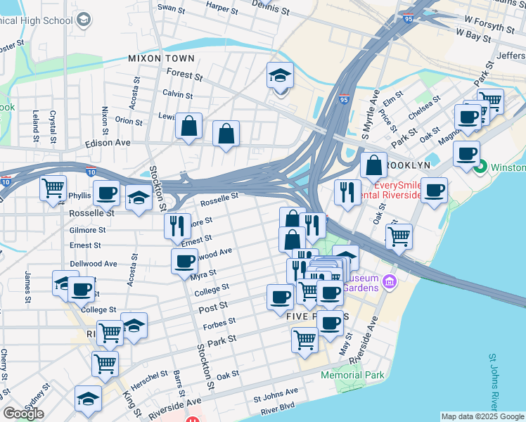 map of restaurants, bars, coffee shops, grocery stores, and more near 2038 Gilmore Street in Jacksonville